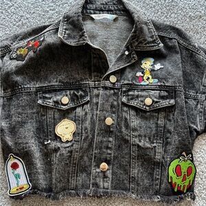 Disney Black Denim Jacket with Colorful Patches
